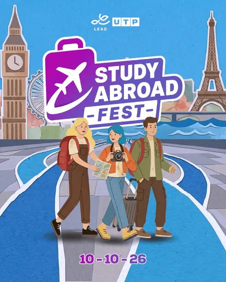 Afiche oficial de Study Abroad Fest: estudiantes en ruta de viaje con la maleta del evento y monumentos internacionales